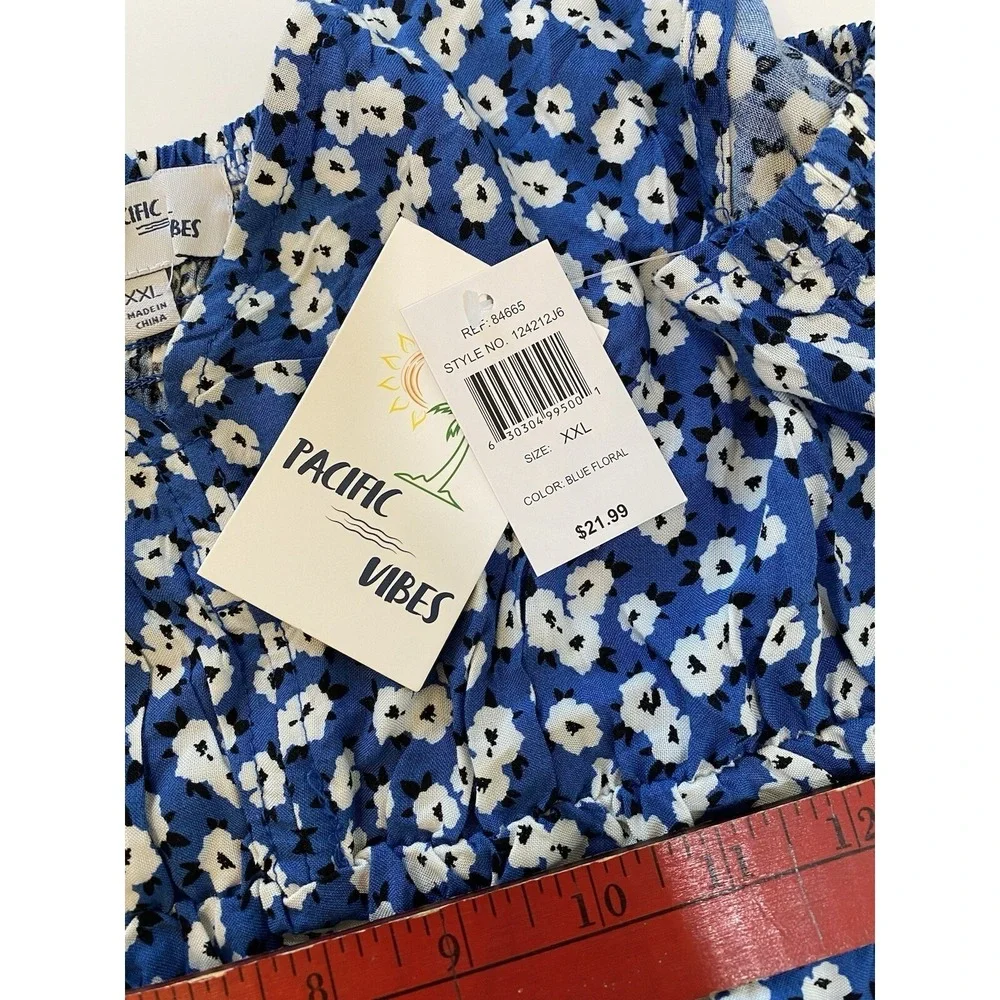 Beach Pacific Vibes Blue White Floral‎ Print NWT XXL VNeck High Low Maxi Dress